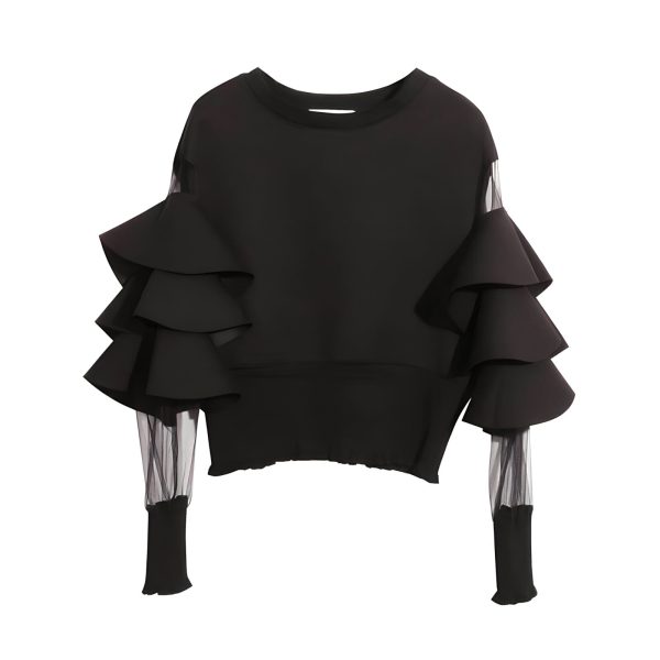 Ruffled Long Sleeve Blouse - Jet Black